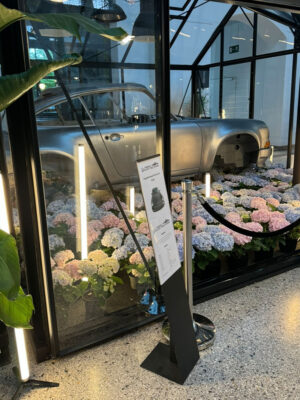 Sportwagen Karosserie auf Blumen gebettet bei Event von pulseframe und FM Catering